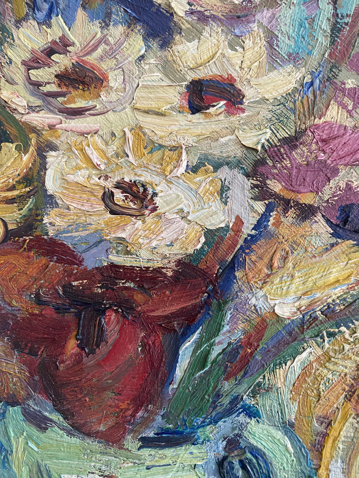 Vintage Mid-Century Swedish Oil Painting Flowers in a Vase Full Bloom 4