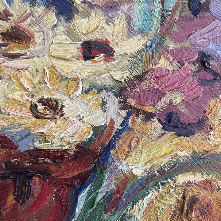 Vintage Mid-Century Swedish Oil Painting Flowers in a Vase Full Bloom 5