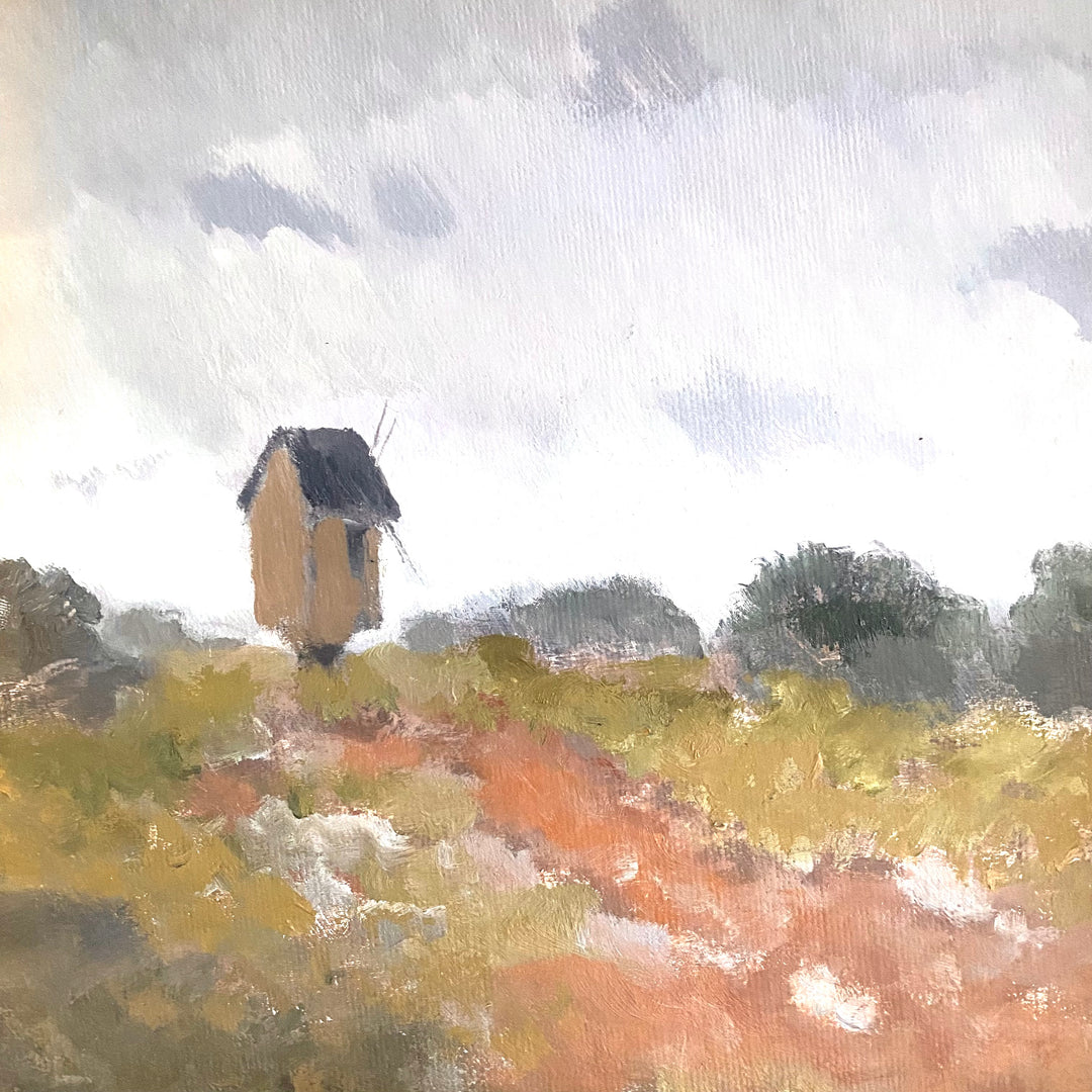 Vintage Mid-Century Swedish landscape oil painting field with windmill 2
