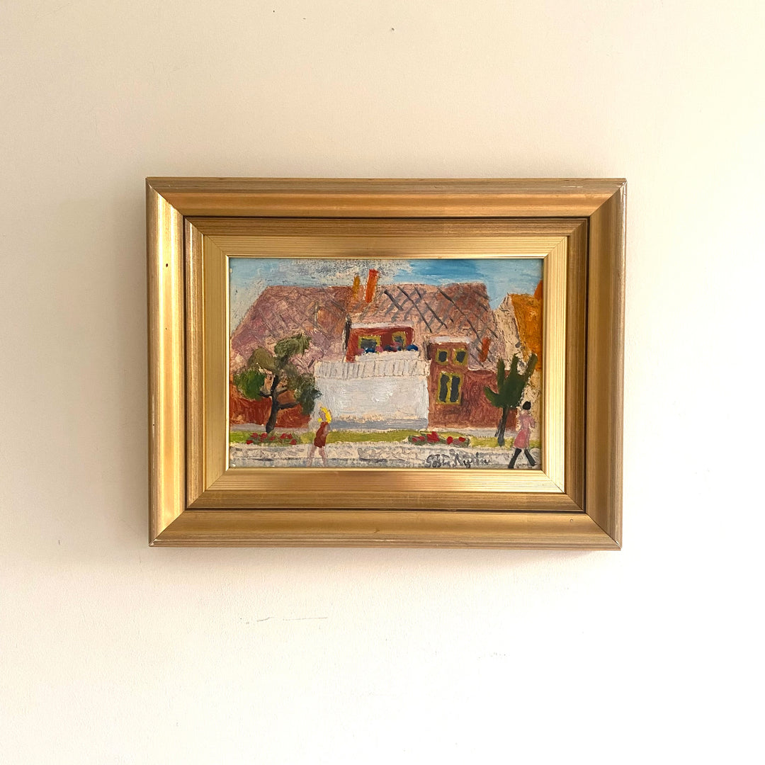 Vintage Mid-Century Swedish oil painting house with white porch 1
