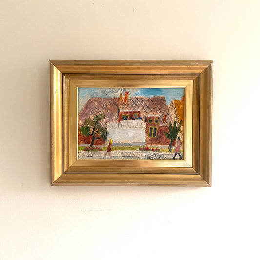 Vintage Mid-Century Swedish oil painting house with white porch 1