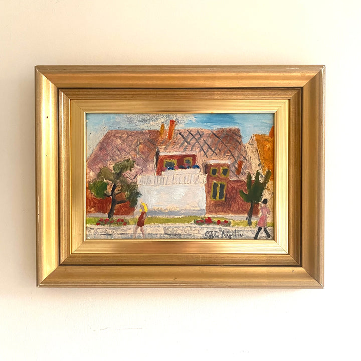 Vintage Mid-Century Swedish oil painting house with white porch 2