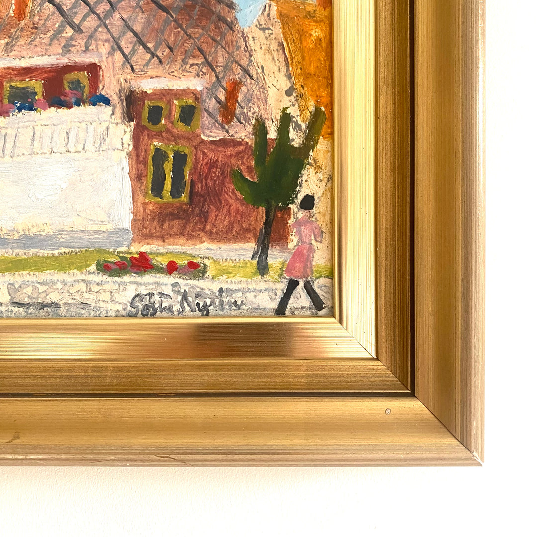 Vintage Mid-Century Swedish oil painting house with white porch 3