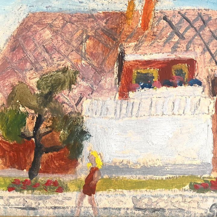 Vintage Mid-Century Swedish oil painting house with white porch 4