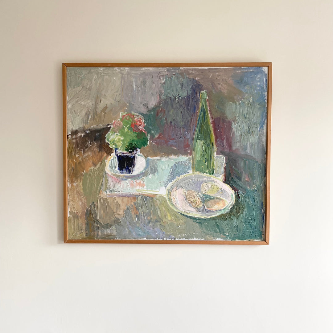 Vintage Mid Century Swedish oil painting still life oysters and wine 1
