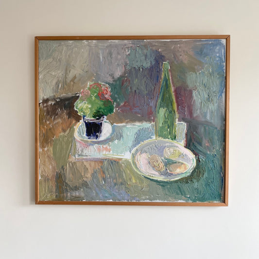 Vintage Mid Century Swedish oil painting still life oysters and wine 2