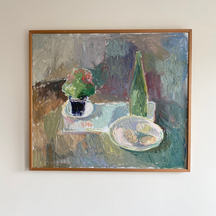 Vintage Mid Century Swedish oil painting still life oysters and wine 2