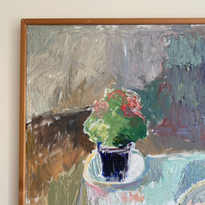 Vintage Mid Century Swedish oil painting still life oysters and wine 3