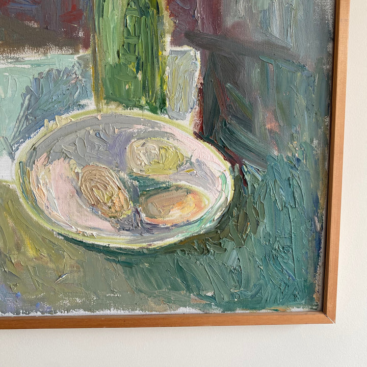 Vintage Mid Century Swedish oil painting still life oysters and wine 4