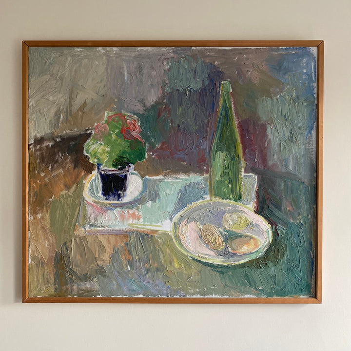 Vintage Mid Century Swedish oil painting still life oysters and wine 6