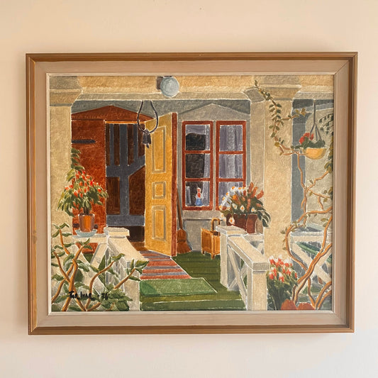 Vintage Mid Century oil painting still life garden scene out on the stairs 1