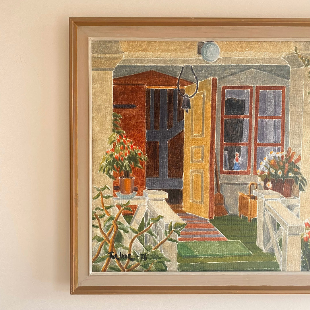 Vintage Mid Century oil painting still life garden scene out on the stairs 2
