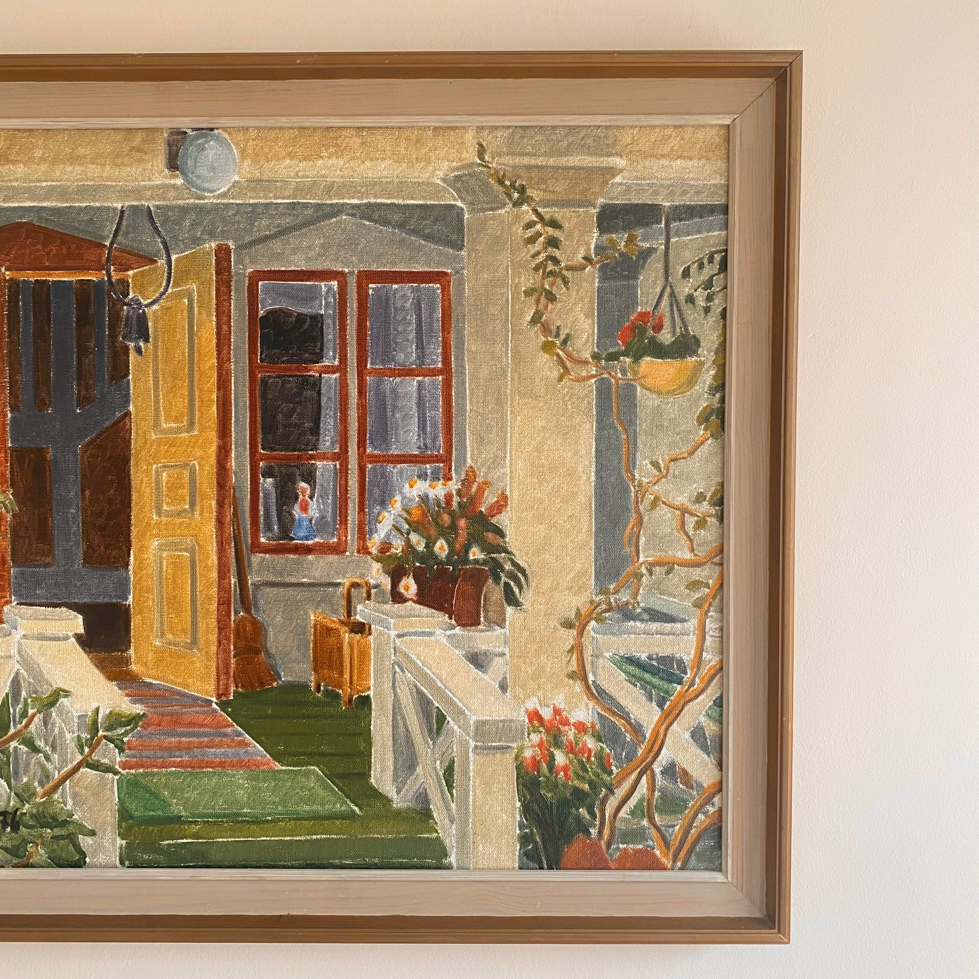Vintage Mid Century oil painting still life garden scene out on the stairs 13