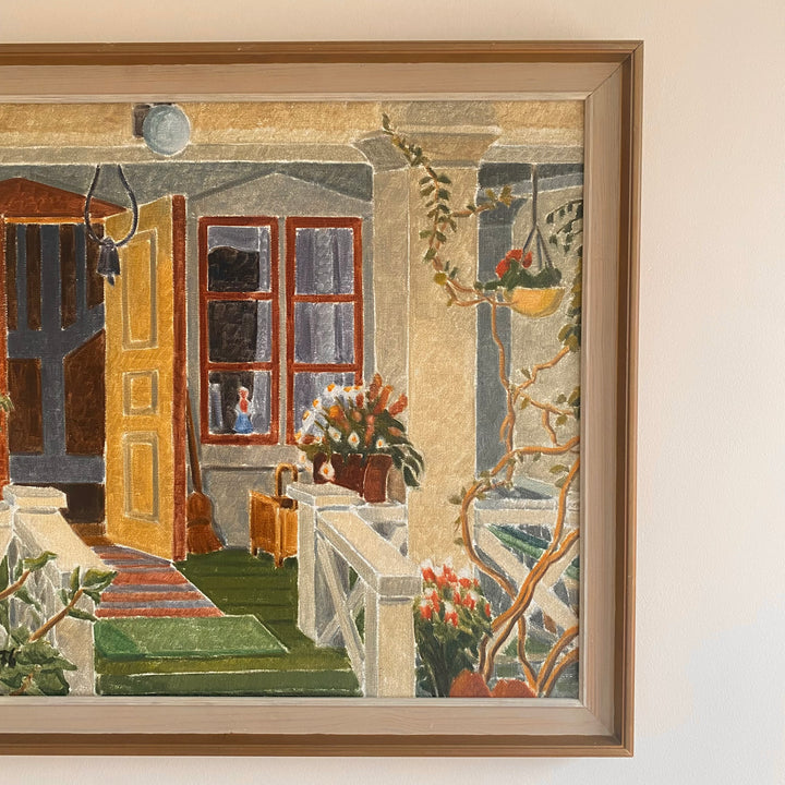 Vintage Mid Century oil painting still life garden scene out on the stairs 13
