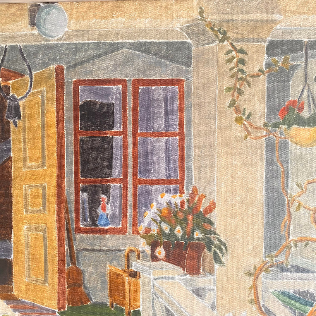 Vintage Mid Century oil painting still life garden scene out on the stairs 1