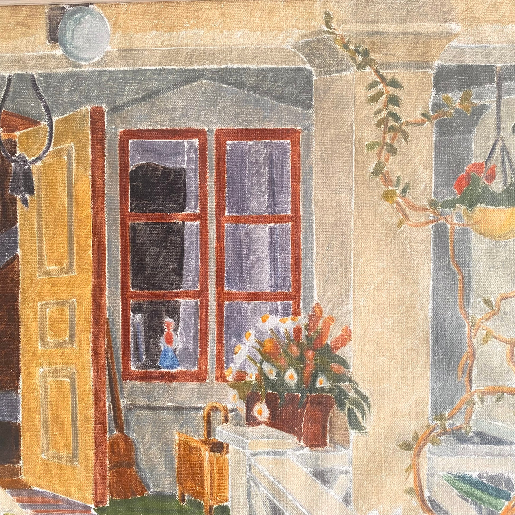 Vintage Mid Century oil painting still life garden scene out on the stairs 1