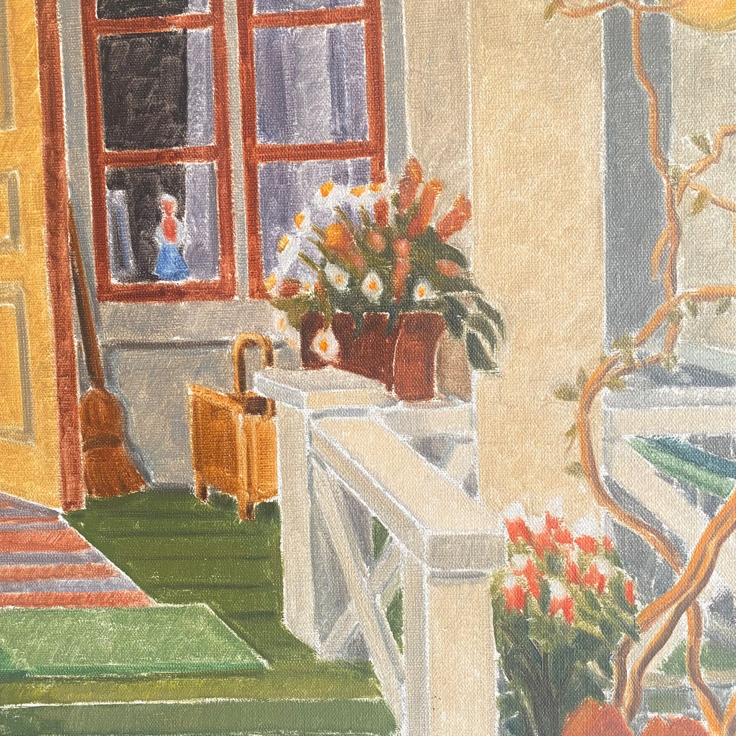 Vintage Mid Century oil painting still life garden scene 
out on the stairs 6