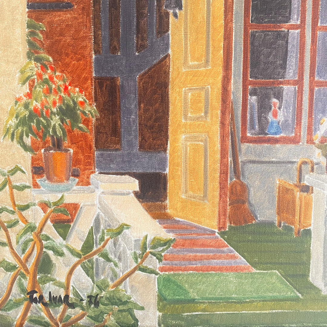 Vintage Mid Century oil painting still life garden scene out on the stairs 7