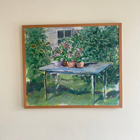 Vintage mid-Century Swedish Oil painting flowers on a table garden scene 1