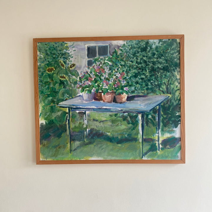 Vintage mid-Century Swedish Oil painting flowers on a table garden scene 1