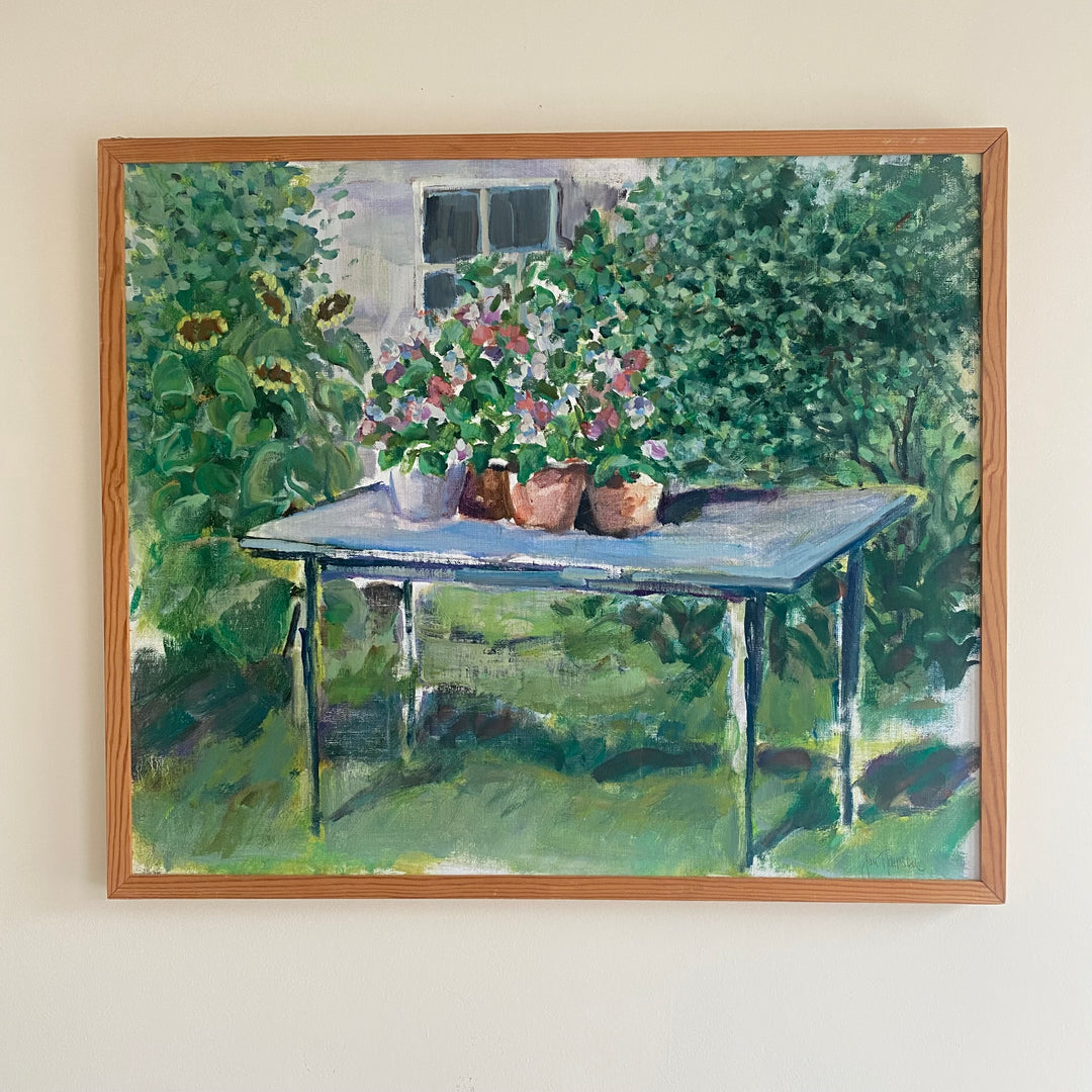 Vintage mid-Century Swedish Oil painting flowers on a table garden scene 2