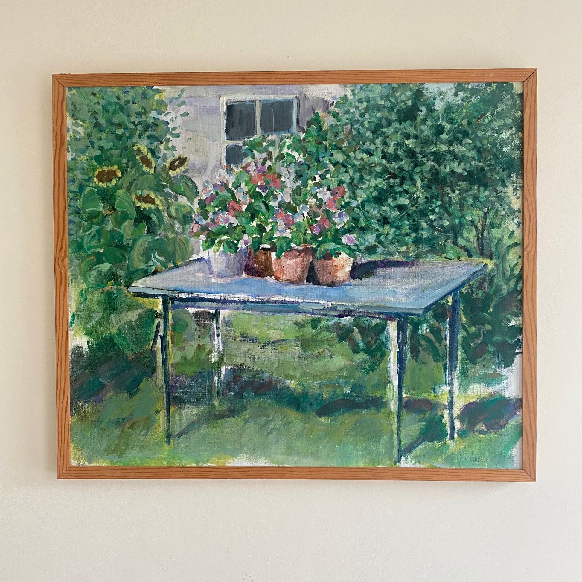 Vintage mid-Century Swedish Oil painting flowers on a table garden scene 2
