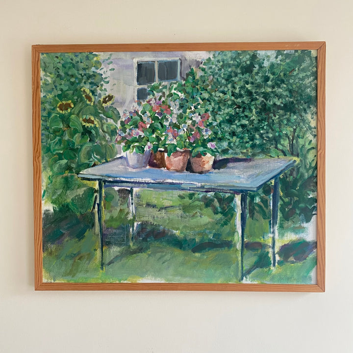 Vintage mid-Century Swedish Oil painting flowers on a table garden scene 2