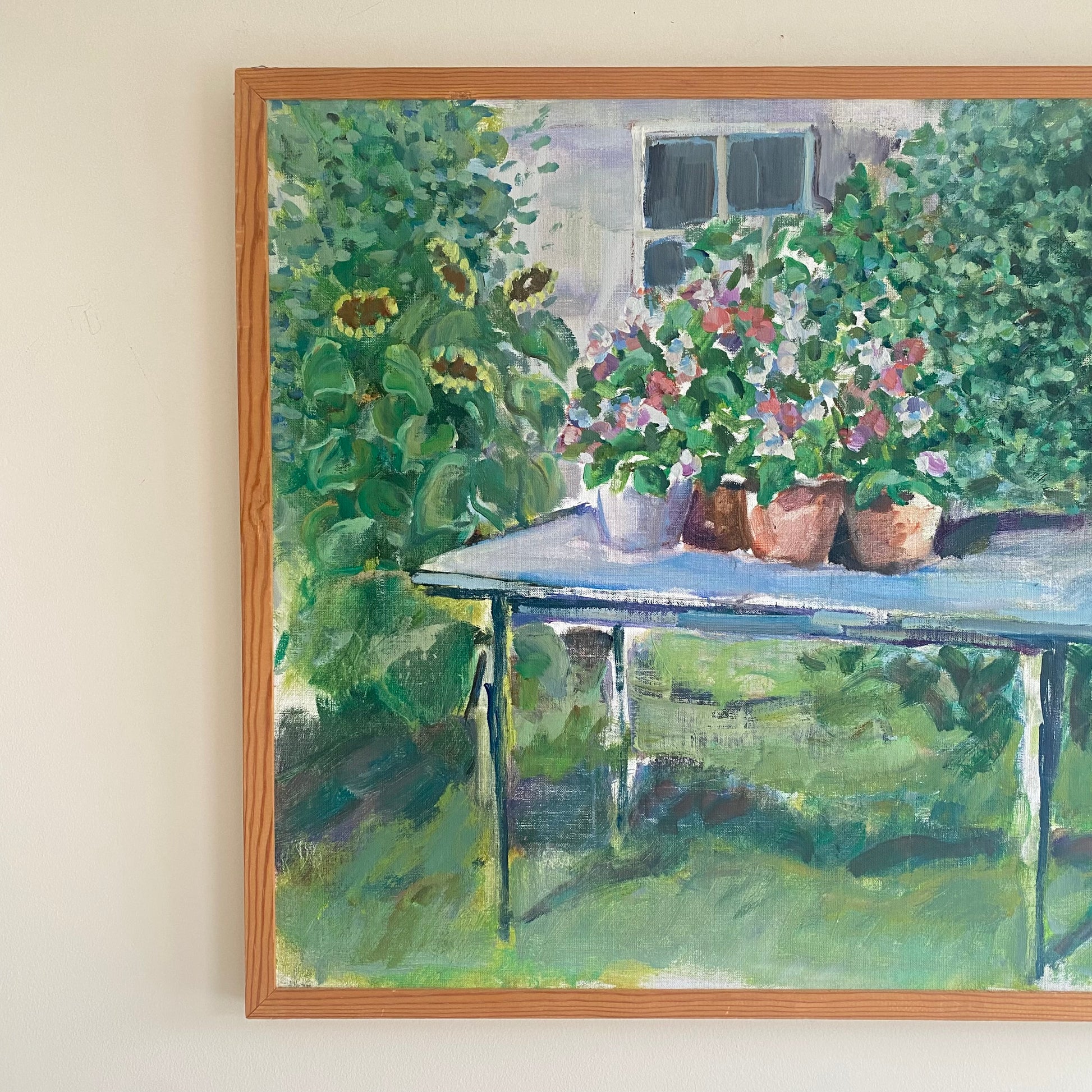 Vintage mid-Century Swedish Oil painting flowers on a table garden scene 3