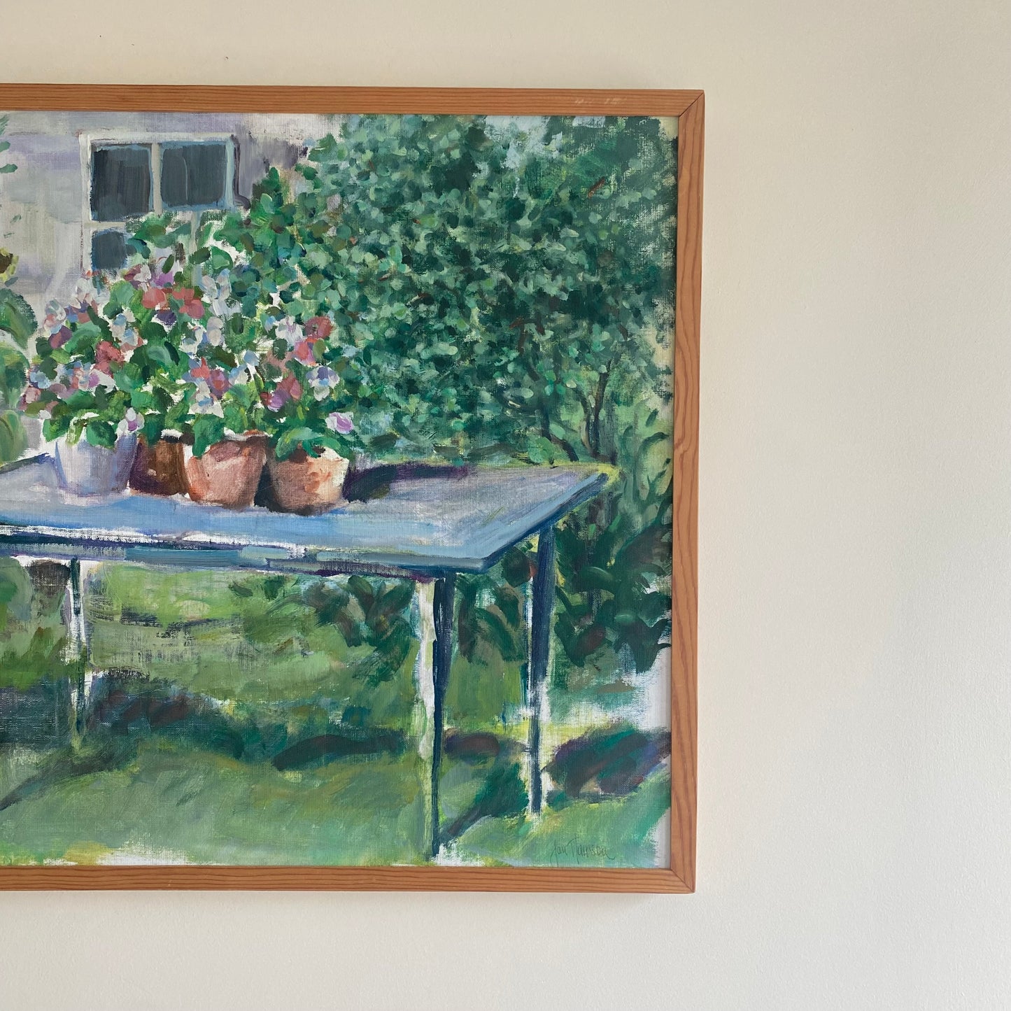 Vintage mid-Century Swedish Oil painting flowers on a table garden scene 4