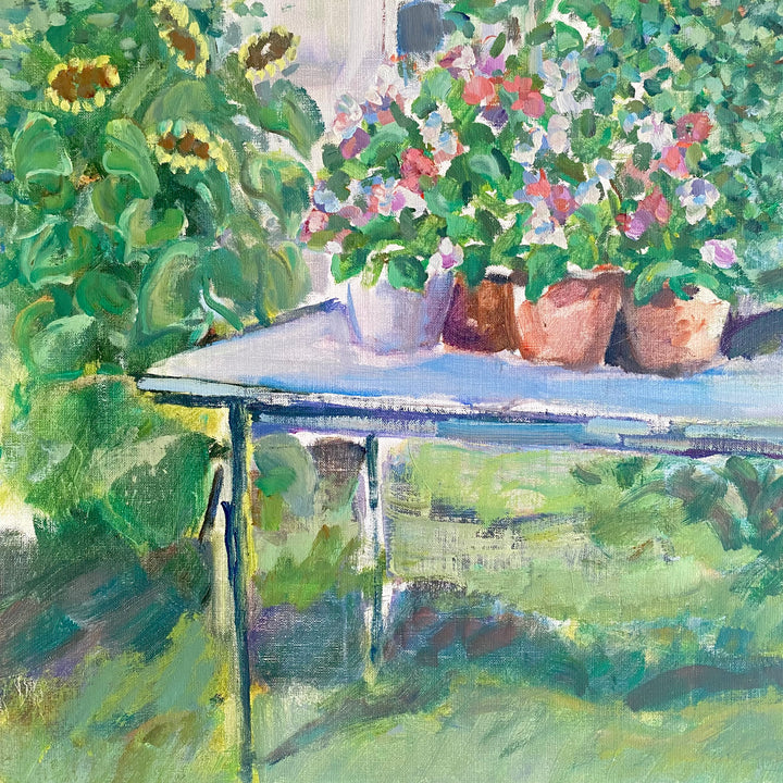 Vintage mid-Century Swedish Oil painting flowers on a table garden scene 5