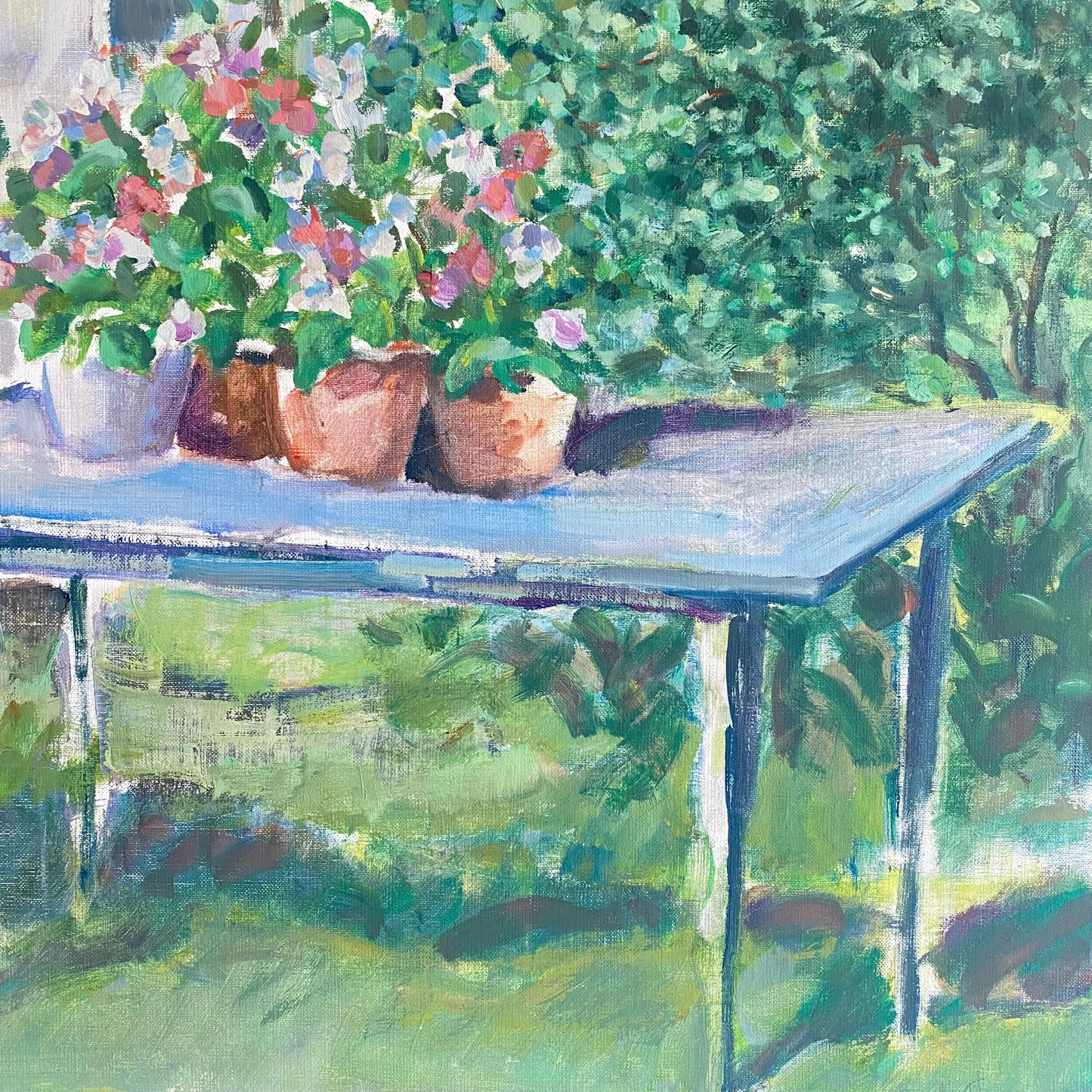 Vintage mid-Century Swedish Oil painting flowers on a table garden scene 6