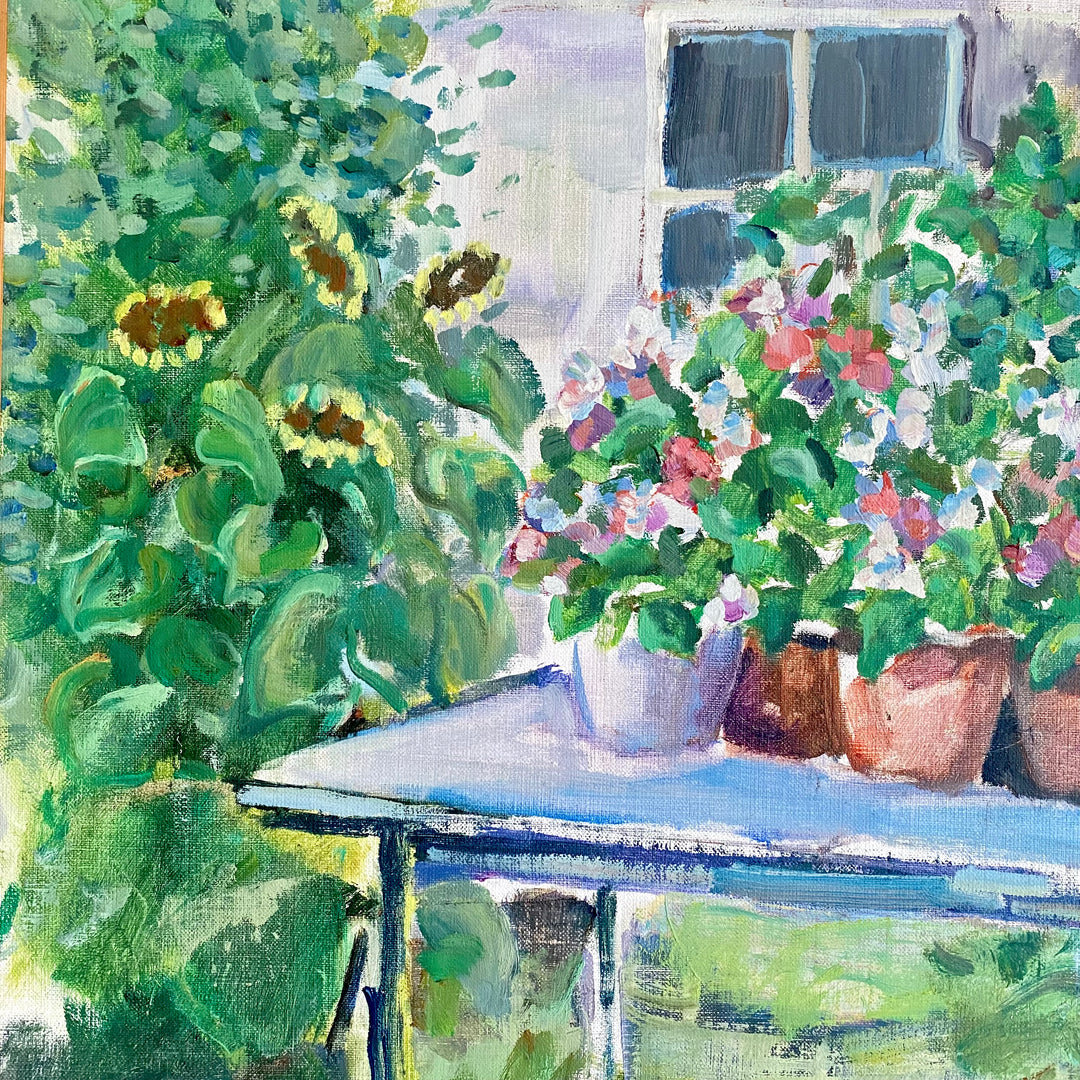 Vintage mid-Century Swedish Oil painting flowers on a table garden scene 7