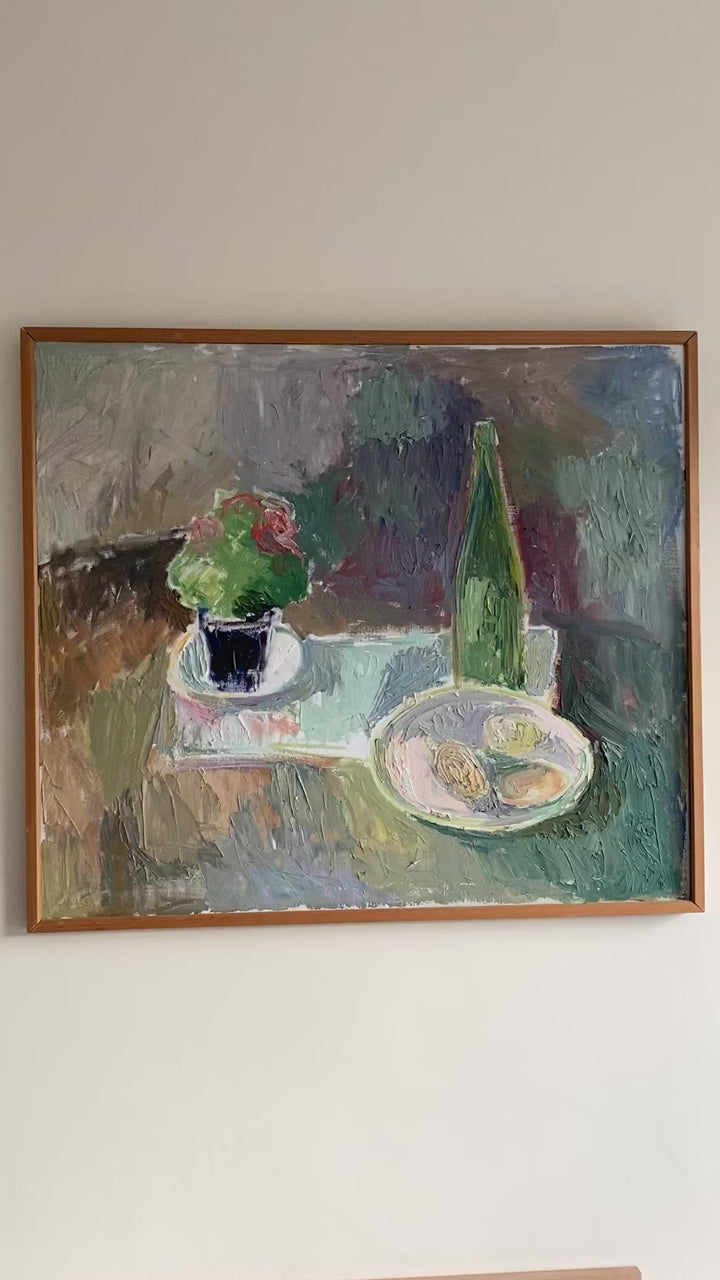 Vintage Mid Century Swedish oil painting still life oysters and wine 7