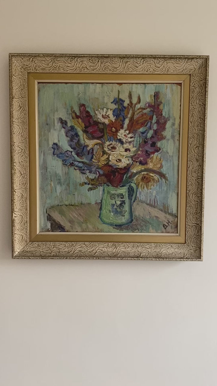 Vintage Mid-Century Swedish Oil Painting Flowers in a Vase Full Bloom 7