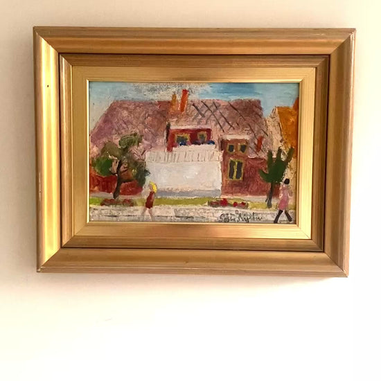 Vintage Mid-Century Swedish oil painting house with white porch 5