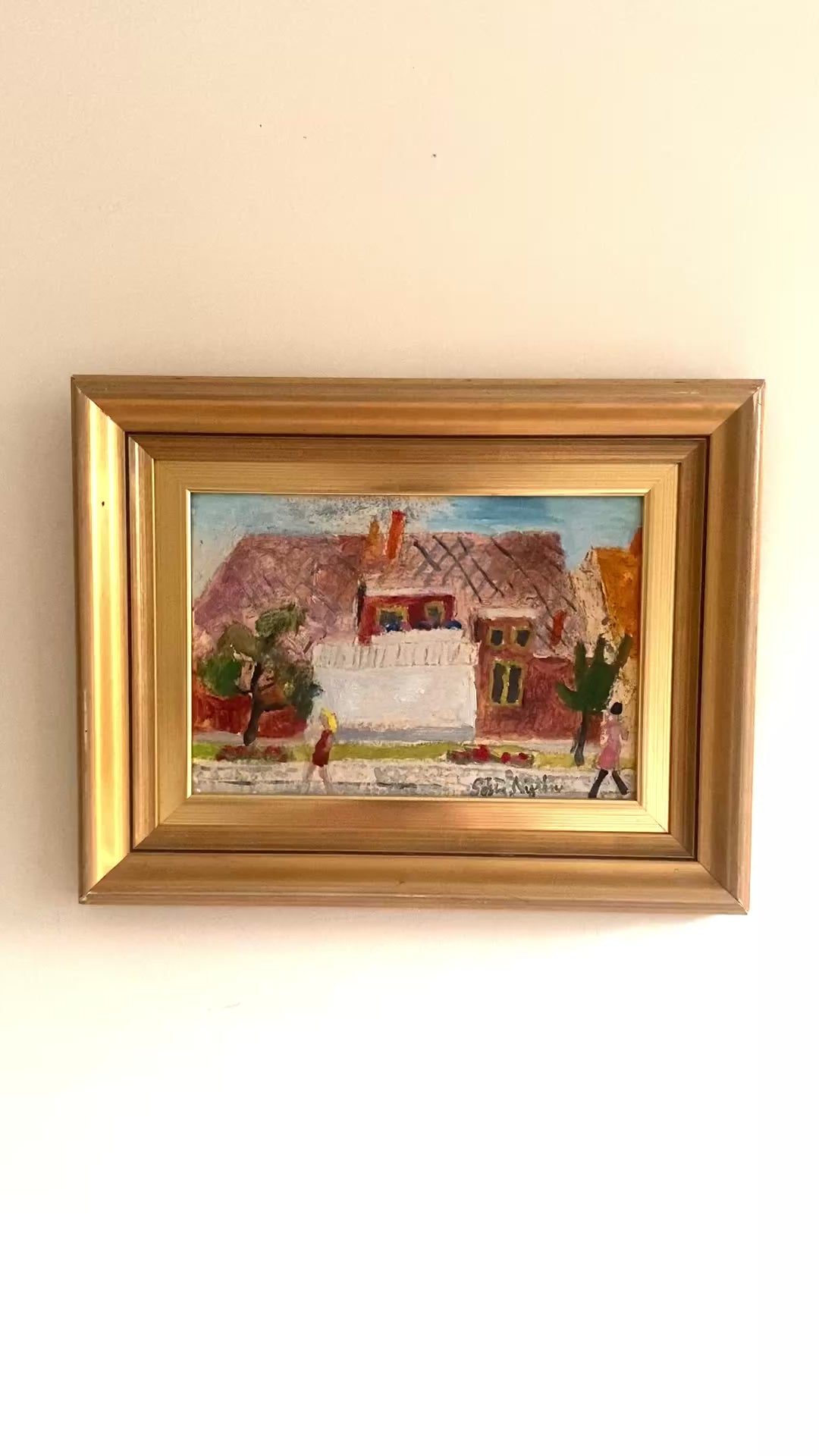 Vintage Mid-Century Swedish oil painting house with white porch 5